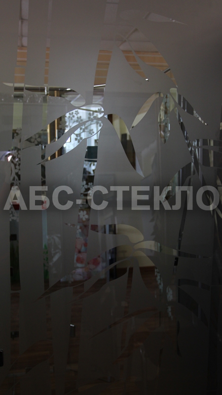 Фрагмент стеклянной двери с пескоструйным рисунком на сером стекле.
